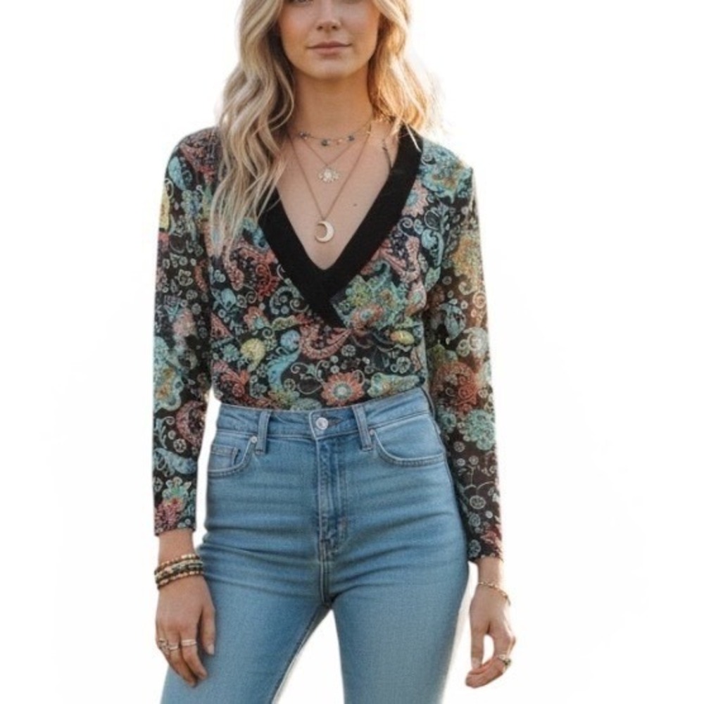 Daisy & Clover Paisley Sheer Mesh Surplice Y2K Top Boho Floral SZ S Retro Hippie